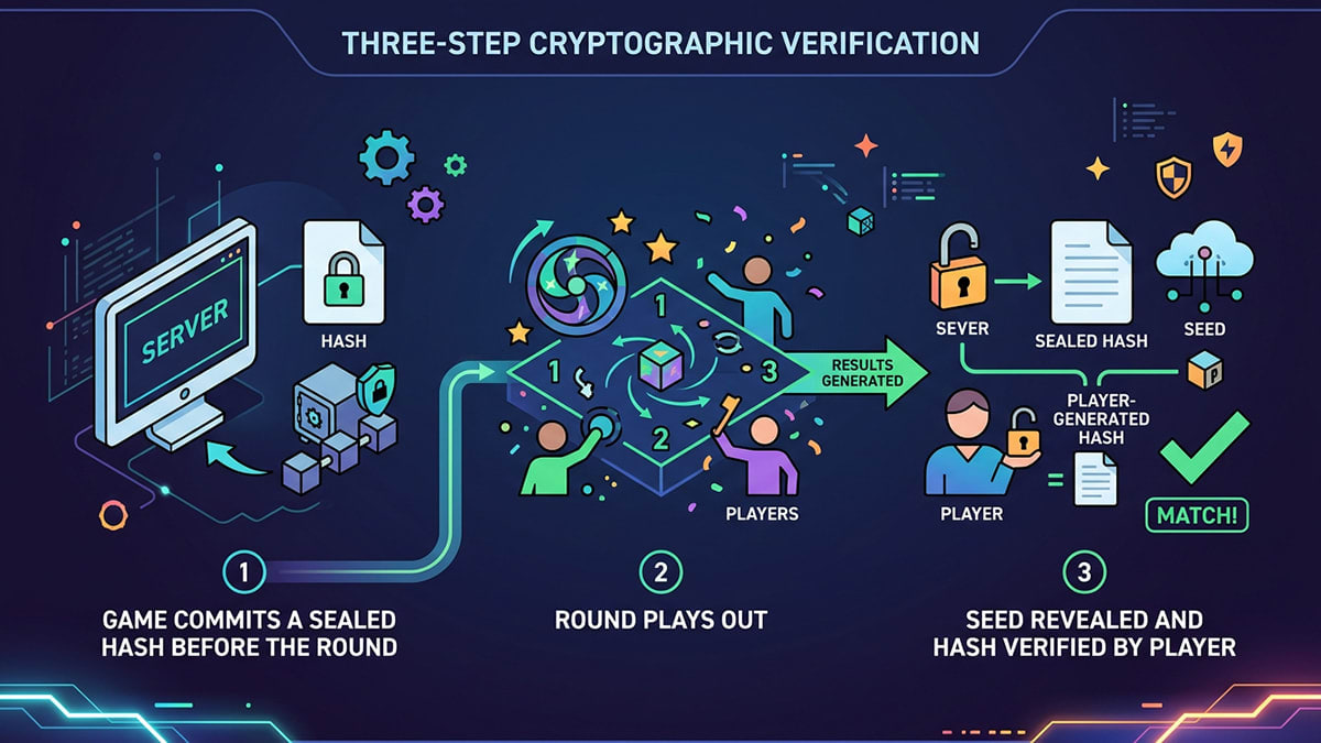 Provably fair system showing hash verification for a crash betting game